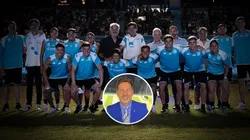 El flamante DT y todos los refuerzos de Racing junto al presidente Víctor Blanco (Getty)