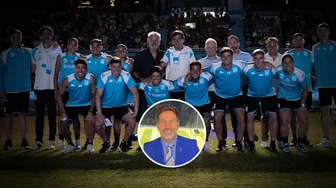 El flamante DT y todos los refuerzos de Racing junto al presidente Víctor Blanco (Getty)