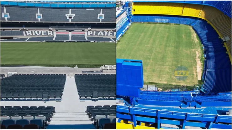 Así lucen los campos de juego del Monumental y la Bombonera.