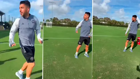 Los experimentados delanteros vivieron un divertido cruce en el entrenamiento.