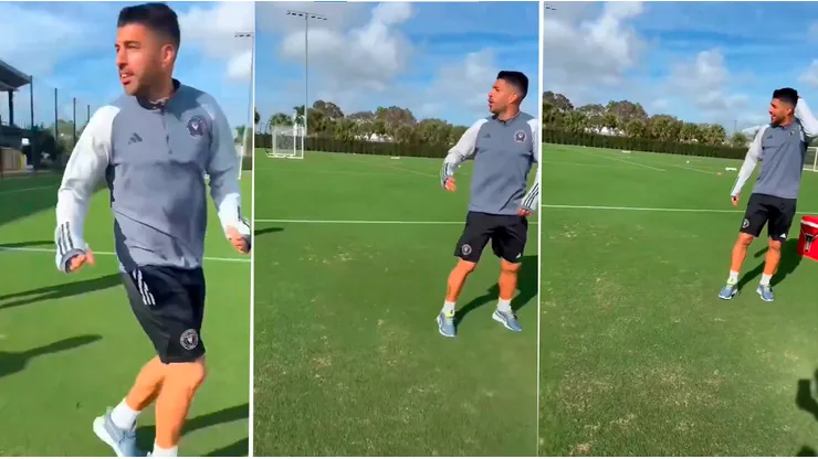 Los experimentados delanteros vivieron un divertido cruce en el entrenamiento.