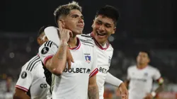 Futbol, Colo Colo vs Monagas SC. Fase de grupos, Copa Libertadores 2023. El jugador de Colo Colo Carlos Palacios, izquierda, celebra su gol contra Monagas SC durante el partido del grupo F de la Copa Libertadores realizado en el estadio Monumental de Santiago, Chile. 19/04/2023 Felipe Zanca/Photosport Football, Colo Colo vs Monagas SC. 2023 Copa Libertadores Championship. Colo ColoÕs player Carlos Palacios, left, celebrates his goal against Monagas SC during the group F match of the Copa Libertadores Championship at the Monumental stadium in Santiago, Chile. 19/04/2023 Felipe Zanca/Photosport