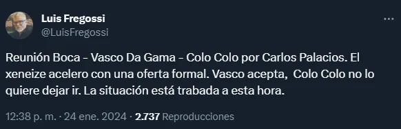 Hay reunión para destrabar el pase de Carlos Palacios a Boca (Twitter @LuisFregossi).