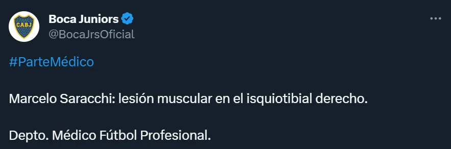 Boca emitió el parte médico oficial de Marcelo Saracchi.