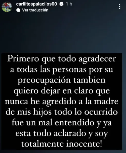 Palacios dio su versión de los hechos a través de Instagram.