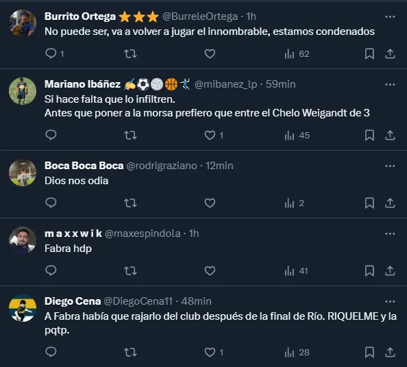 Las reacciones de los hinchas de Boca a la posible titularidad de Fabra (Twitter).