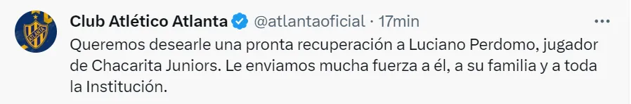 Atlanta, clásico de Chacarita, se sumó a los mensajes de apoyo