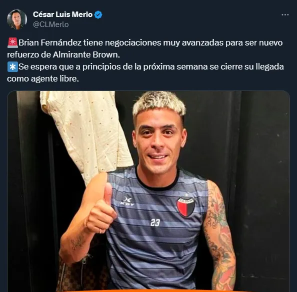 Brian Fernández, cerca de Almirante Brown (Twitter @CLMerlo).