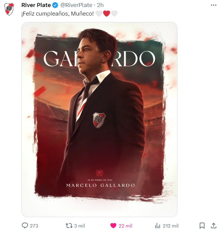 El saludo de River a Gallardo por su cumpleaños.