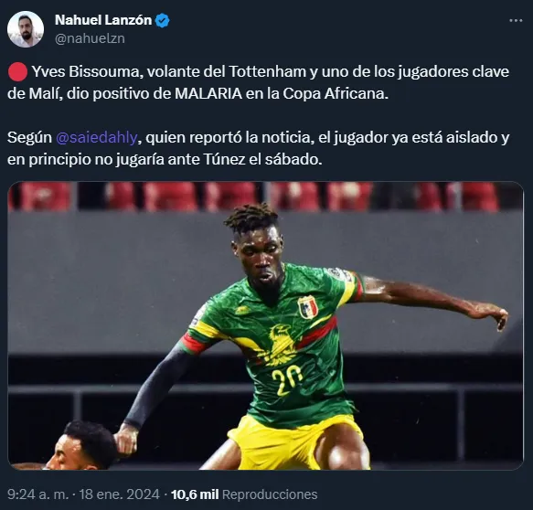 Yves Bissouma, diagnosticado con malaria en plena Copa Africana de Naciones (Twitter @nahuelzn).