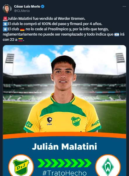 Julián Malatini, transferido a Alemania y no jugará el Preolímpico (Twitter @CLMerlo).