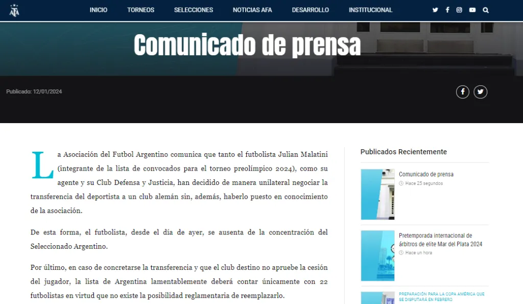 Comunicado por la situación de Julián Malatini (AFA).
