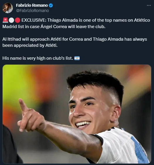 Thiago Almada, en muy alta consideración por Atlético de Madrid (Twitter @FabrizioRomano).