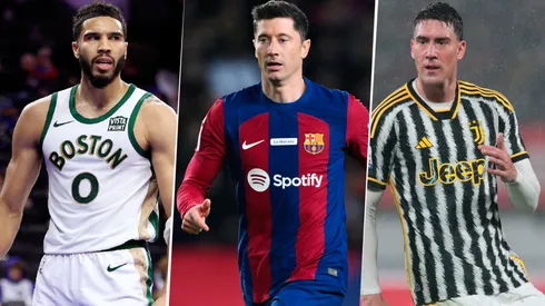 Tatum, Lewandowski y Vlahovic, en acción este jueves.