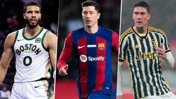 Tatum, Lewandowski y Vlahovic, en acción este jueves.