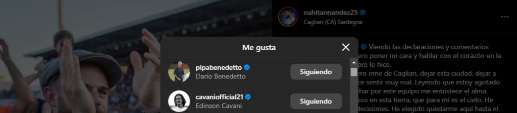El like de Benedetto y Cavani en el posteo de Nández