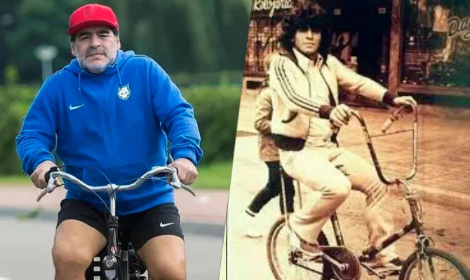 Maradona en bici siempre. Foto web.