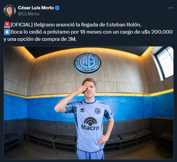 La situación de Esteban Rolón en Belgrano (Twitter @CLMerlo).