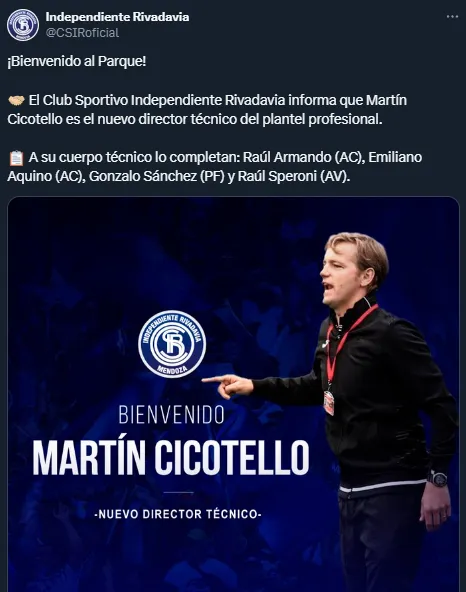 Martín Cicotello, nuevo DT de Independiente Rivadavia (Twitter @CSIRoficial).