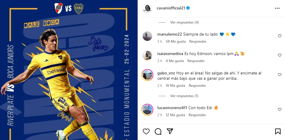 Los comentarios de los hinchas de Boca para Edinson Cavani (Instagram @cavaniofficial21).