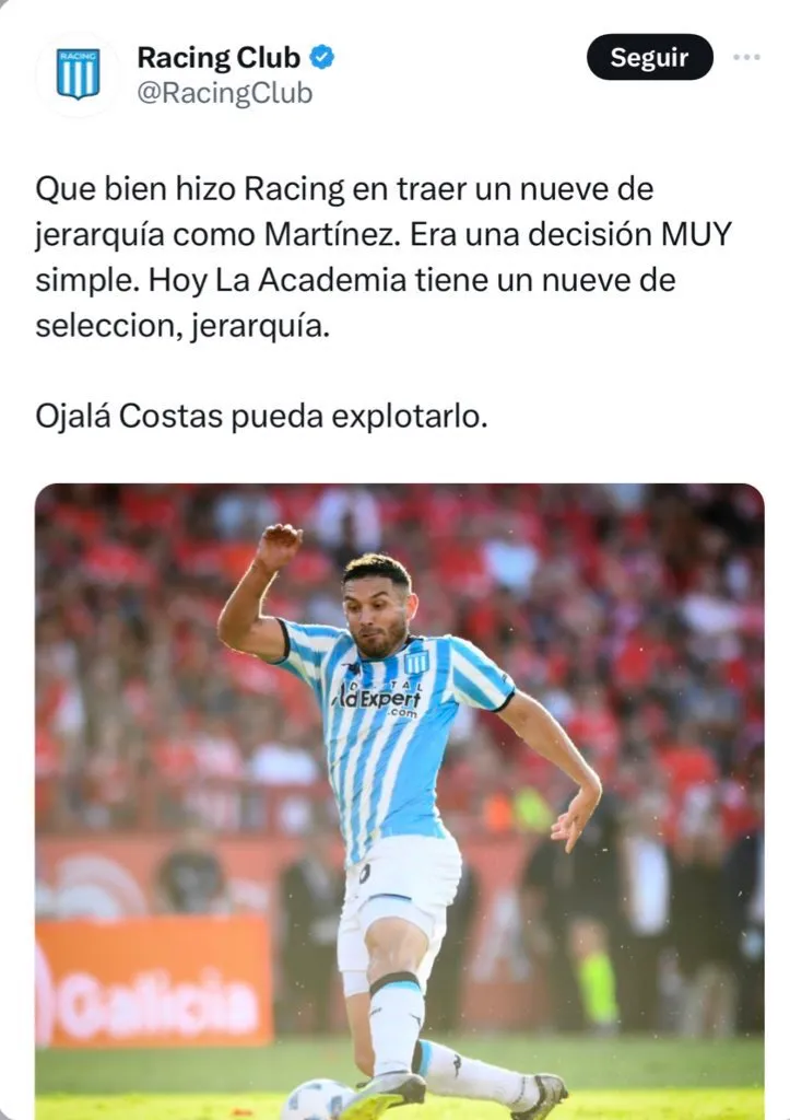 La chicana que Racing publicó en Twitter, pero luego borró.