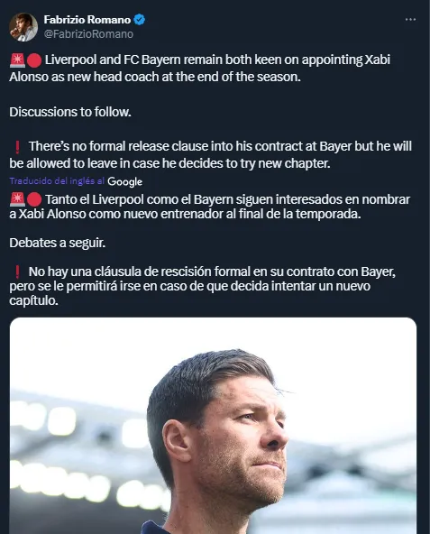 Bayern Múnich y Liverpool, interesados en Xabi Alonso (Twitter @FabrizioRomano).