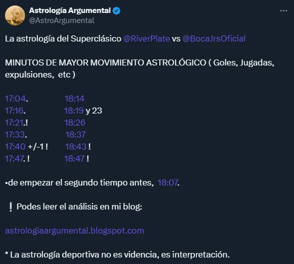 Los horarios exactos de mayor movimiento astrológico para el Superclásico (Twitter @AstroArgumental).