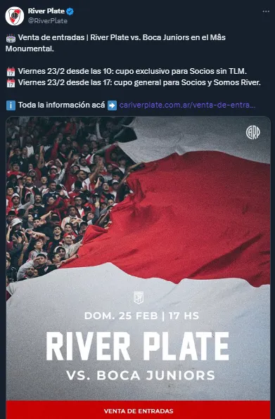 River Plate confirmó los detalles de las ventas de entradas para el Superclásico (Twitter @riverplate).
