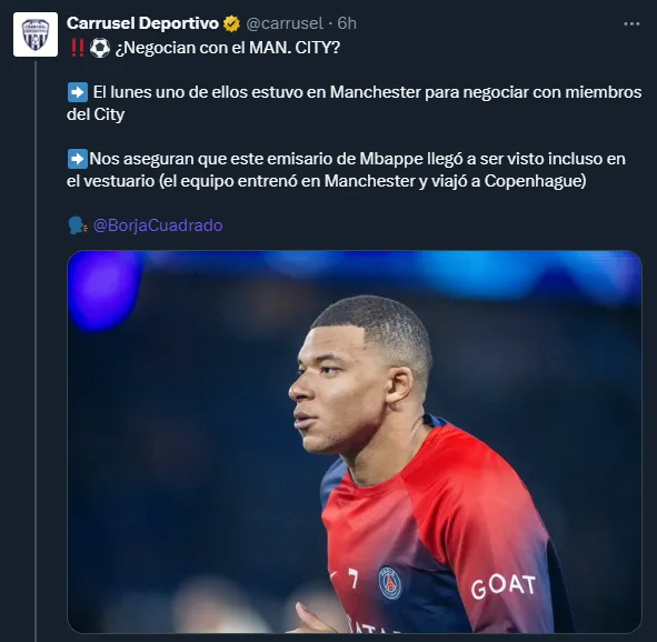 Hay contactos entre el entorno de Mbappé y Manchester City (Twitter @carrusel).