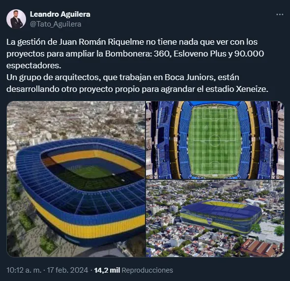 En Boca planean su propio proyecto de ampliación para La Bombonera (Twitter @Tato_Aguilera).