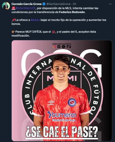 Federico Redondo y su pase a Inter Miami, muy difícil que se concrete (Twitter @GerGarciaGrova).