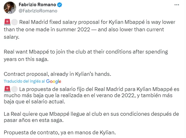 Tuit de Fabrizio Romano sobre la postura del Real Madrid.