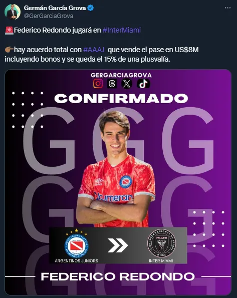 Redondo jugará en Inter Miami (Twitter @GerGarciaGrova).