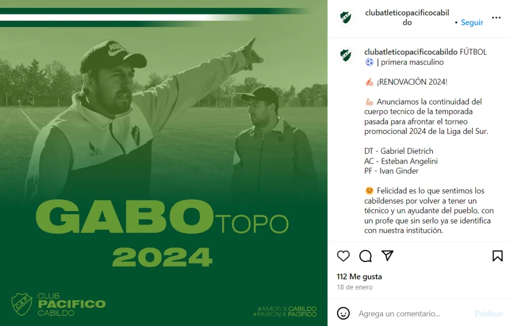 Pacífico ratificó a Dietrich y Angelini como entrenadores.