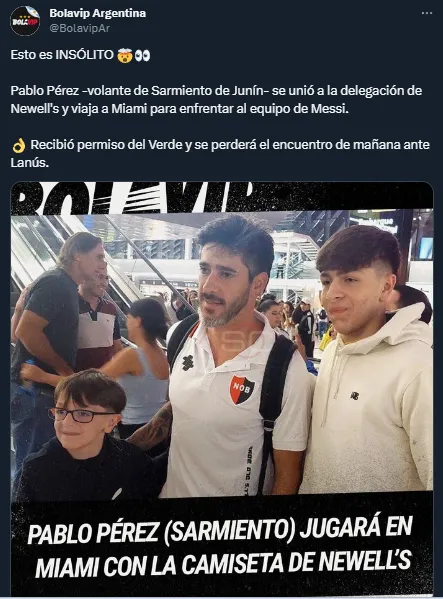Pablo Pérez viajó con el plantel de Newell’s para el amistoso ante Inter Miami (Twitter @BolavipAr).