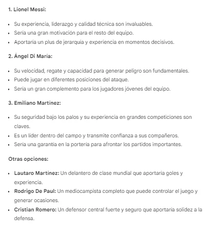 Gemini y los jugadores mayores recomendados para Argentina en los JJOO Paris 2024 (Gemini).