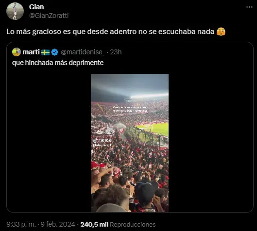El posteo de Gian Zoratti, en Twitter, chicaneando a la hinchada de River.
