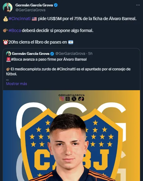 Boca ya sabe lo que pide FC Cincinnati por Barreal (Twitter @GerGarcíaGrova).
