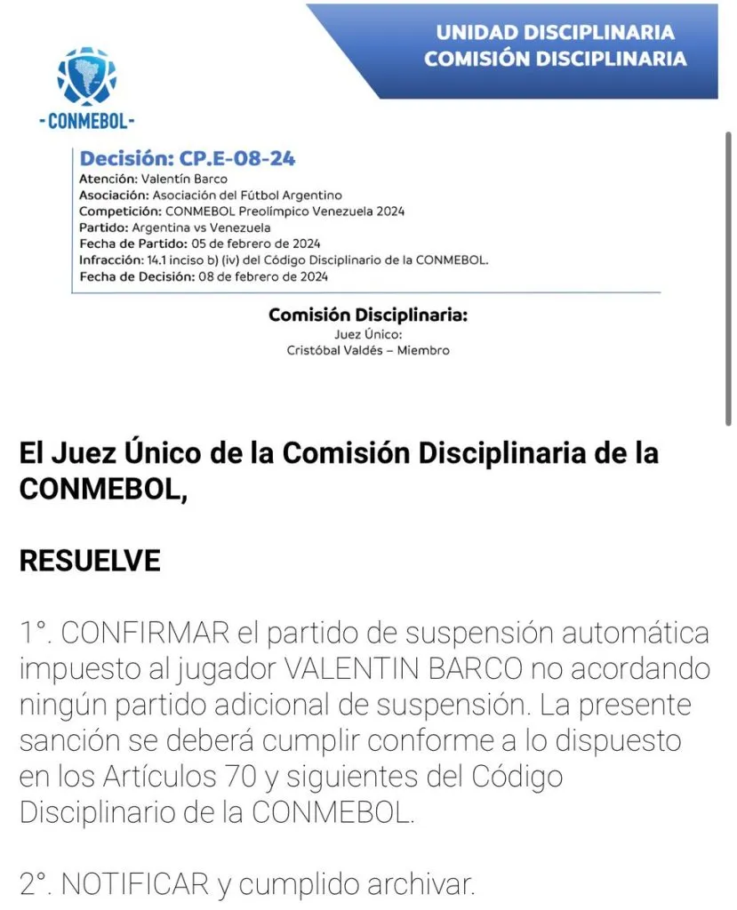 El comunicado oficial. (Foto: CONMEBOL)