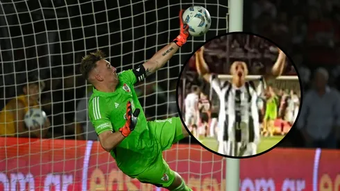 Por error, César Peralta festejó la atajada de Franco Armani en el penal.