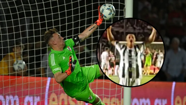 Por error, César Peralta festejó la atajada de Franco Armani en el penal.