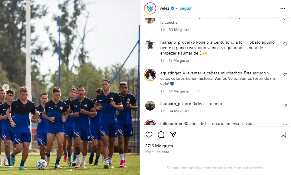 Piden por la titularidad de Centurión (Instagram @velez).
