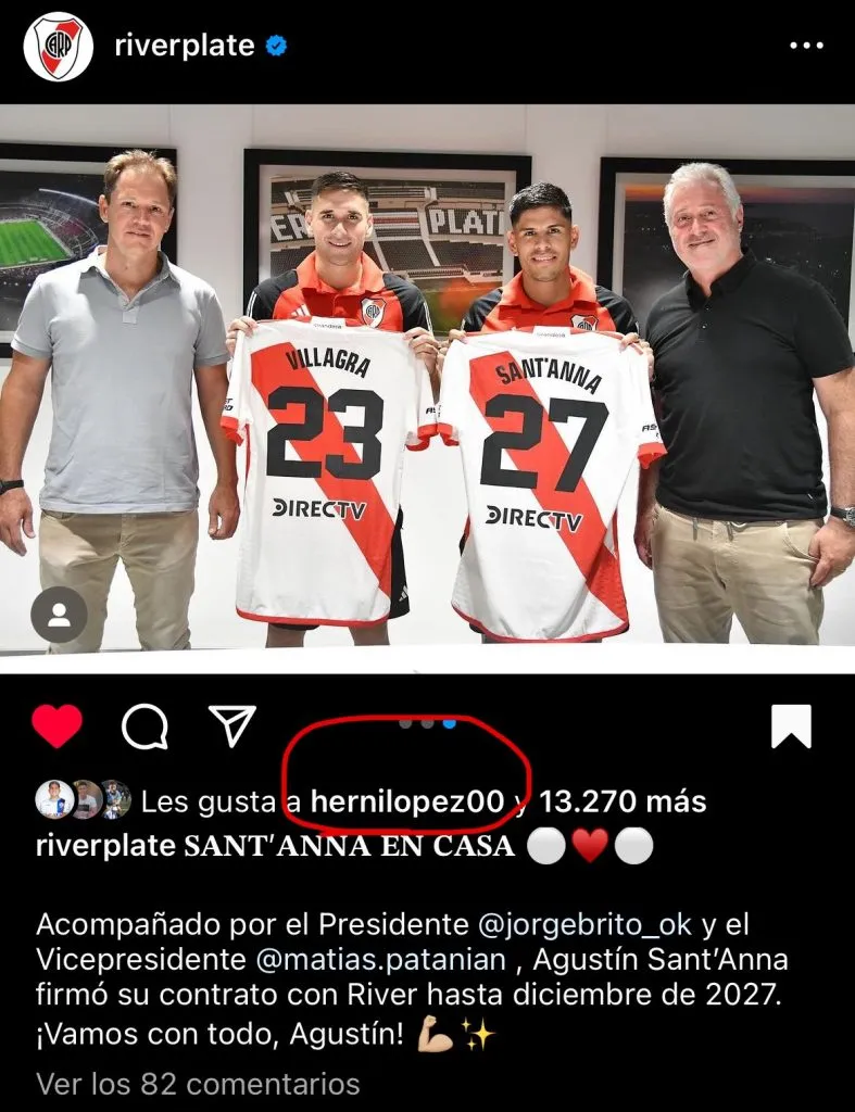 El like de López Muñoz al posteo de River.