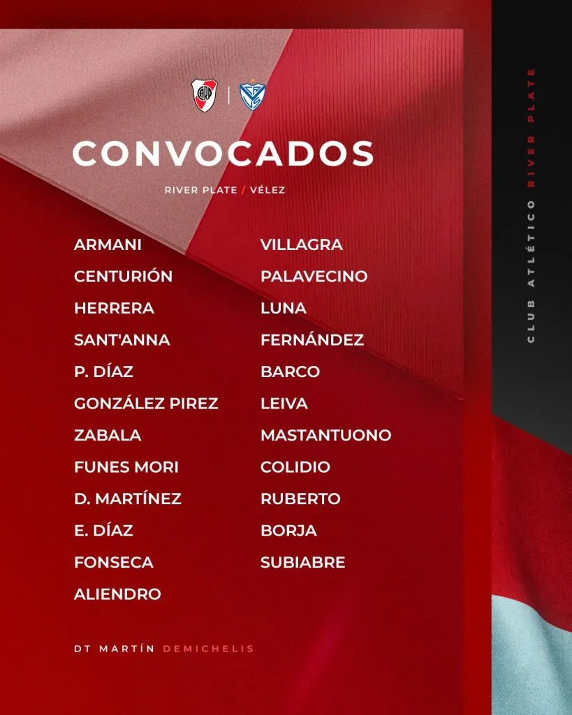 Los convocados de River para recibir a Vélez. (Foto: Prensa River).