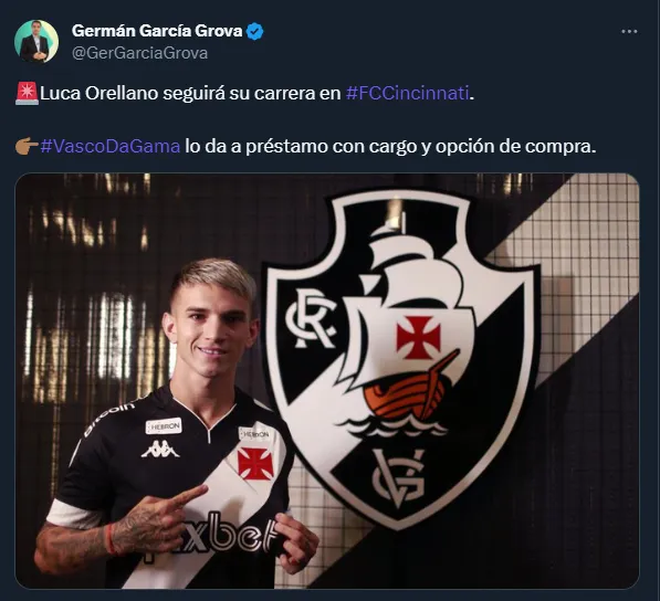 Orellano se va de Vasco da Gama a FC Cincinnati (Twitter @GerGarciaGrova).