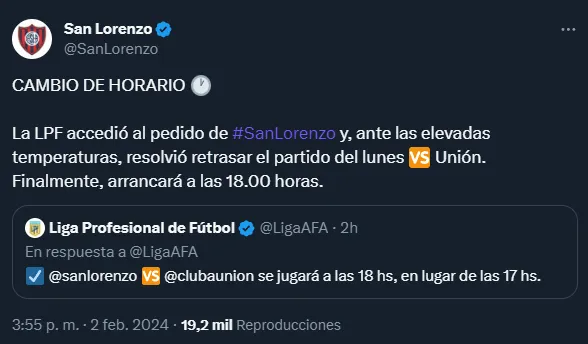 San Lorenzo cambia de horario ante Unión (Twitter @SanLorenzo).