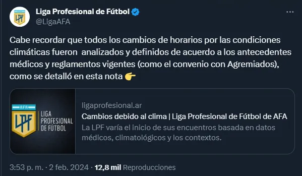 La Liga aprueba los cambios, según las reglamentaciones sobre las condiciones climáticas (Twitter @LigaAFA).
