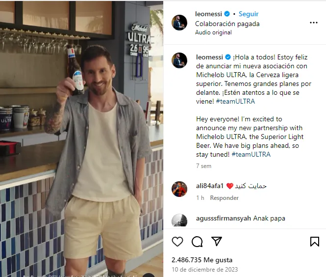Lionel Messi y su acuerdo con Michelob (Instagram @leomessi).