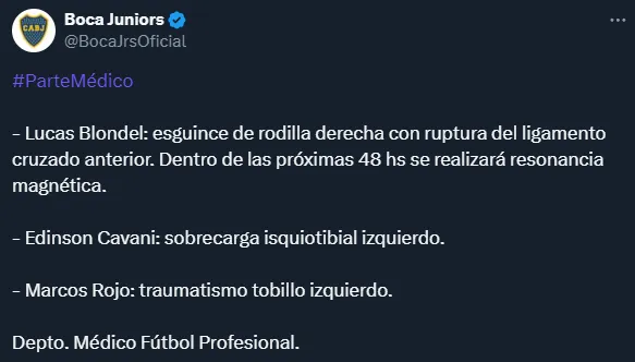 El parte médico de los lesionados tras el partido ante San Lorenzo (Twitter @BocaJrsOficial).