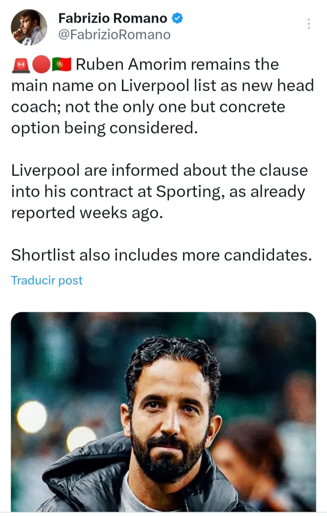 Fabrizio Romano pone a Rúben Amorim como gran candidato a dirigir Liverpool (Twitter @FabrizioRomano)
